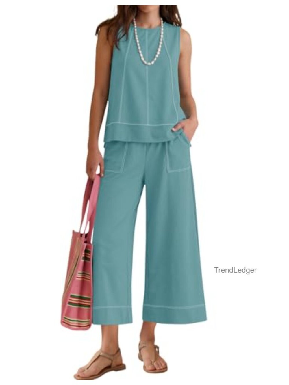 Two Piece Outfit Sleeveless Top Cropped Wide Leg Pants Set with Pockets